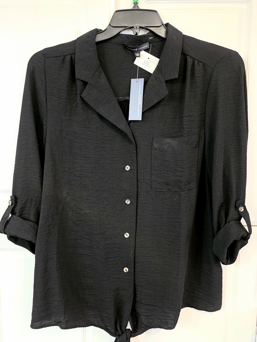 Adrienne Vittadini Black Button-Front Tie-Hem Blouse- Size Large- NWT